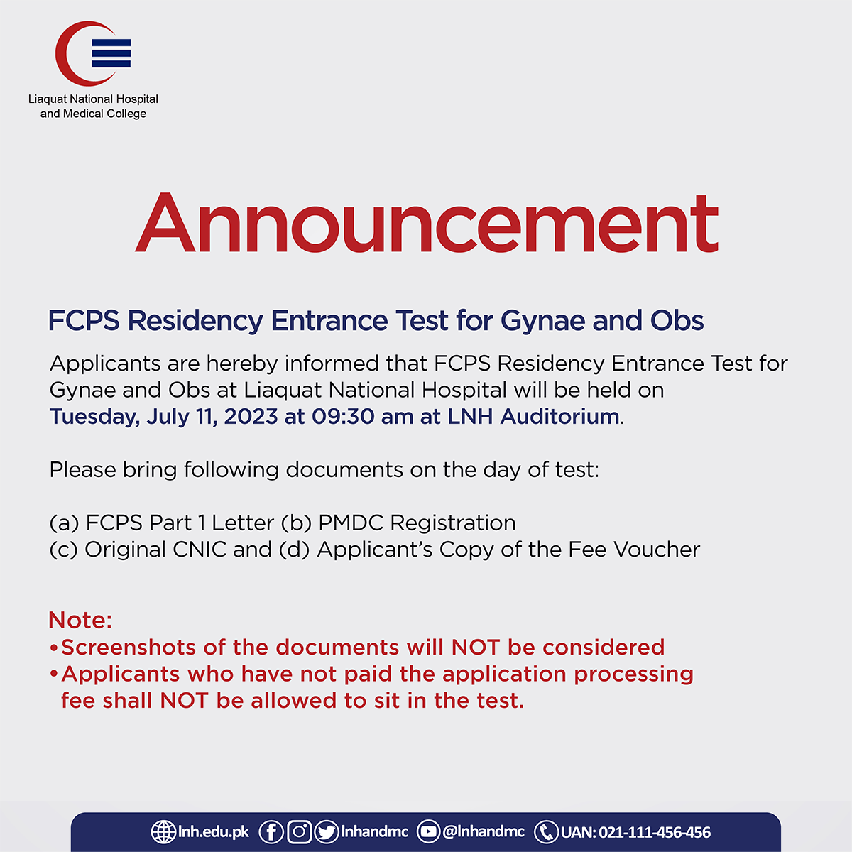 FCPS Residency Entrance Test for Gynae and Obs - July 11, 2023