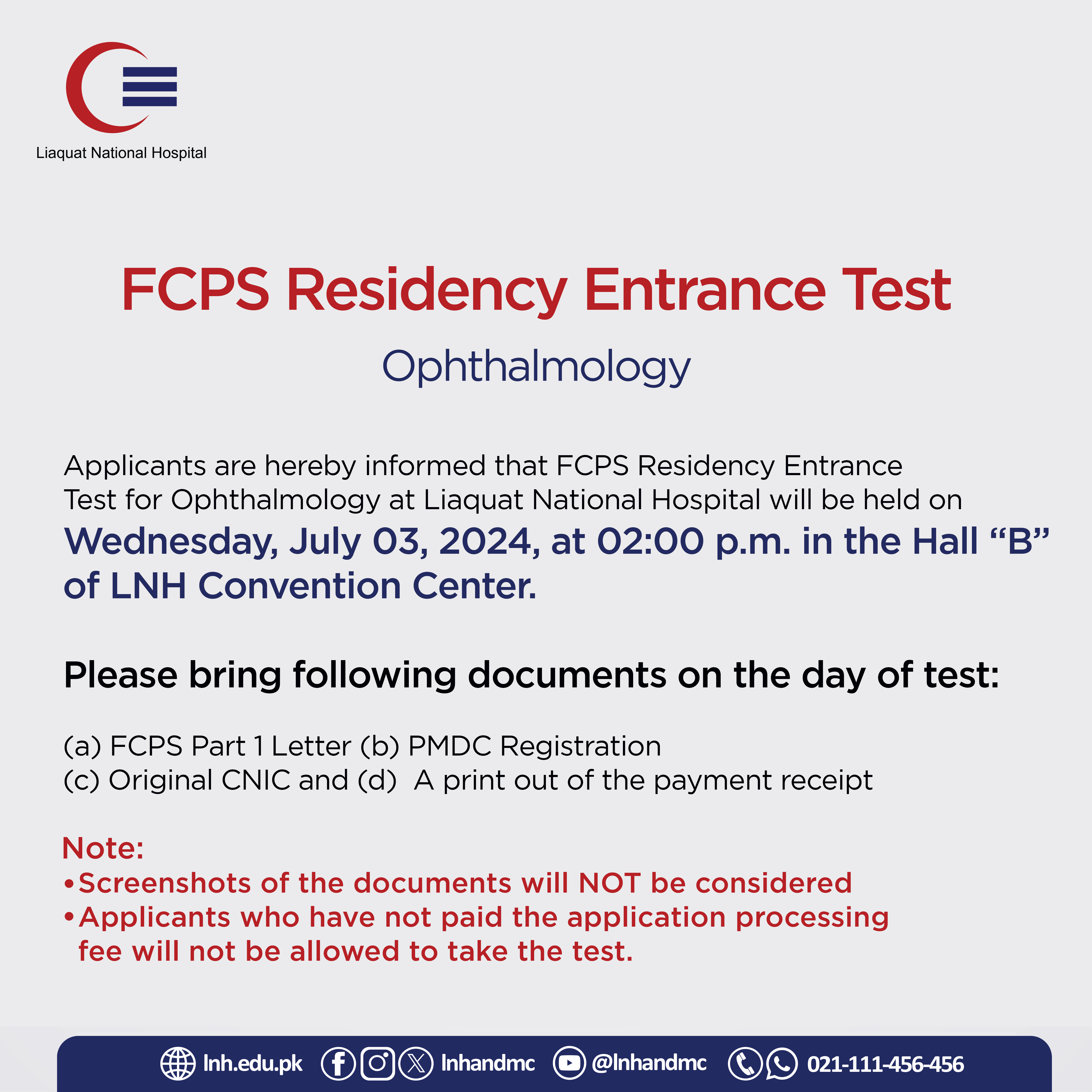 FCPS Residency Entrance Test for Ophthalmology