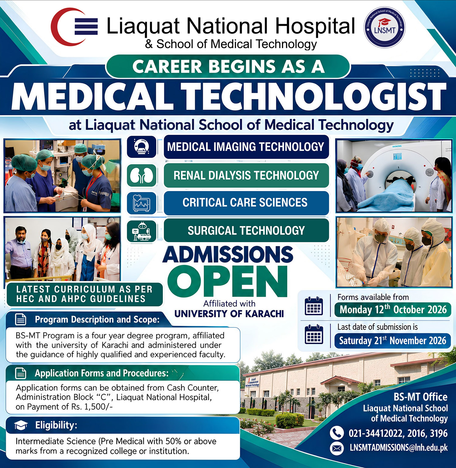 Admissions Open in BSMT at Liaquat National School of Medical Technology (LNSMT)