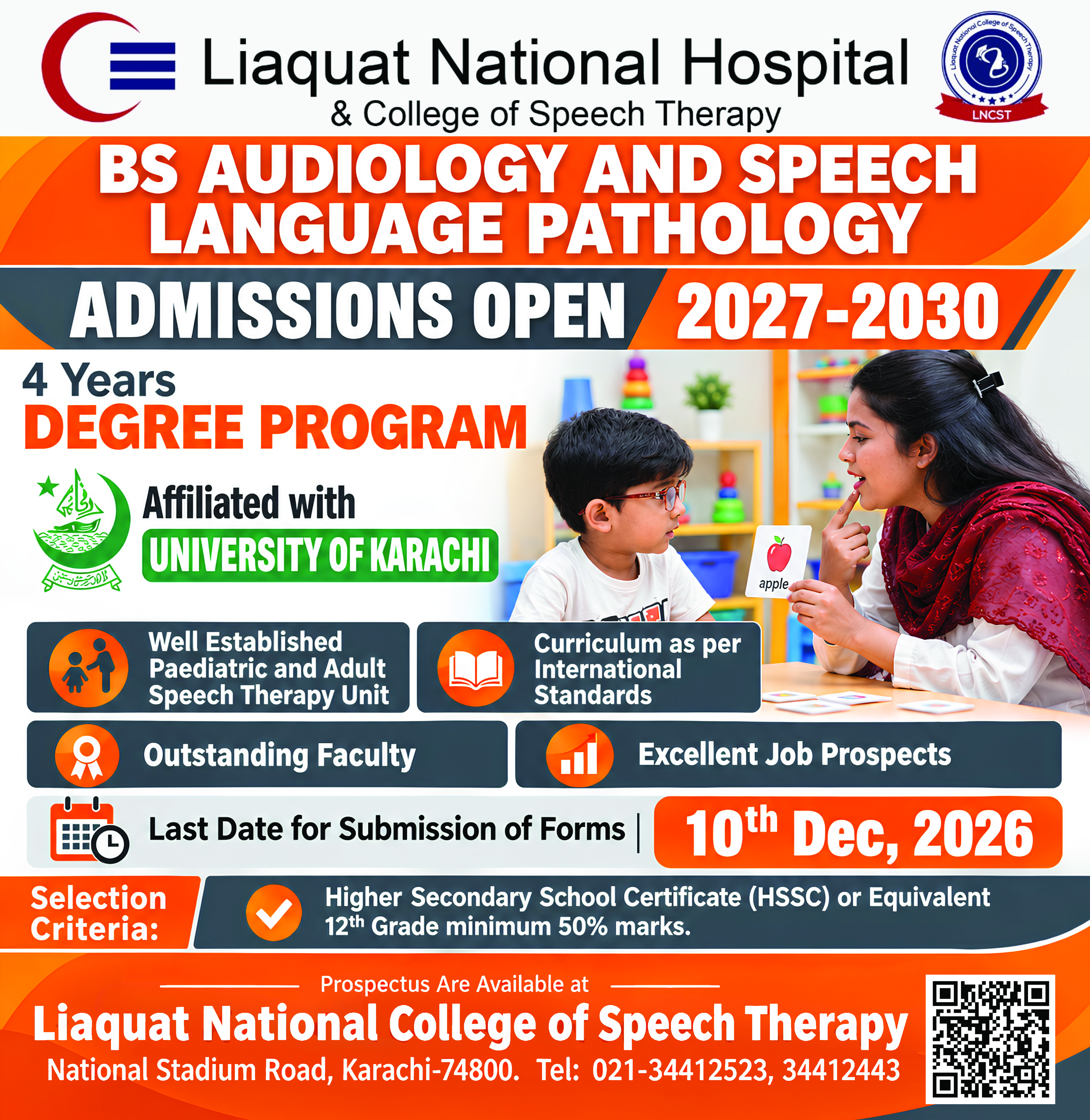 Admissions Open in BS Audiology and Speech Language Pathology (2027-2030) at Liaquat National College of Speech Therapy (LNCST)