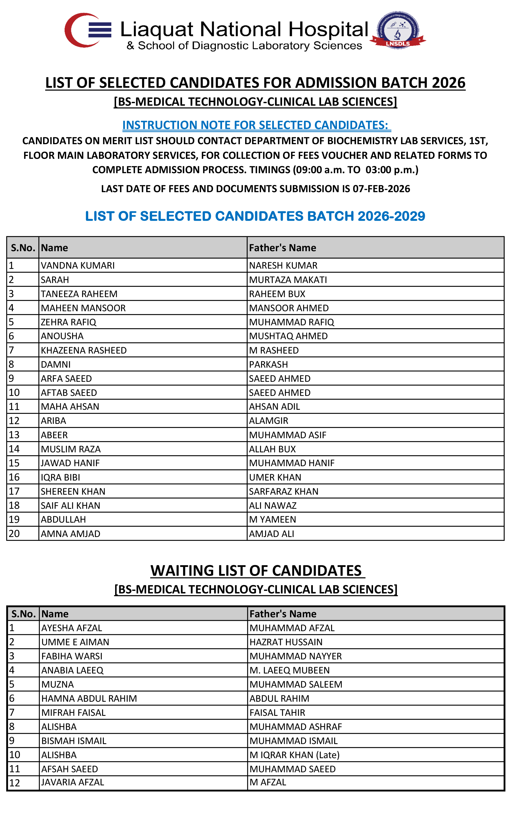 Admissions in BS-Medical Technology-Clinical Lab Sciences Batch 2026