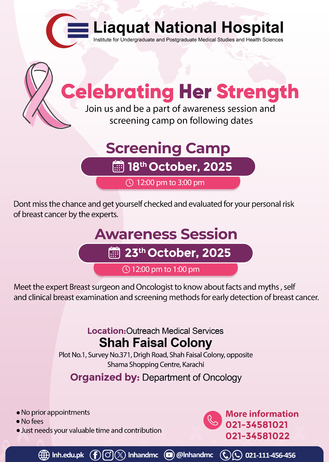 Breast Cancer Awareness Session & Screening Camp, Outreach Medical Services, Shah Faisal Colony, 18th & 23rd October, 2025