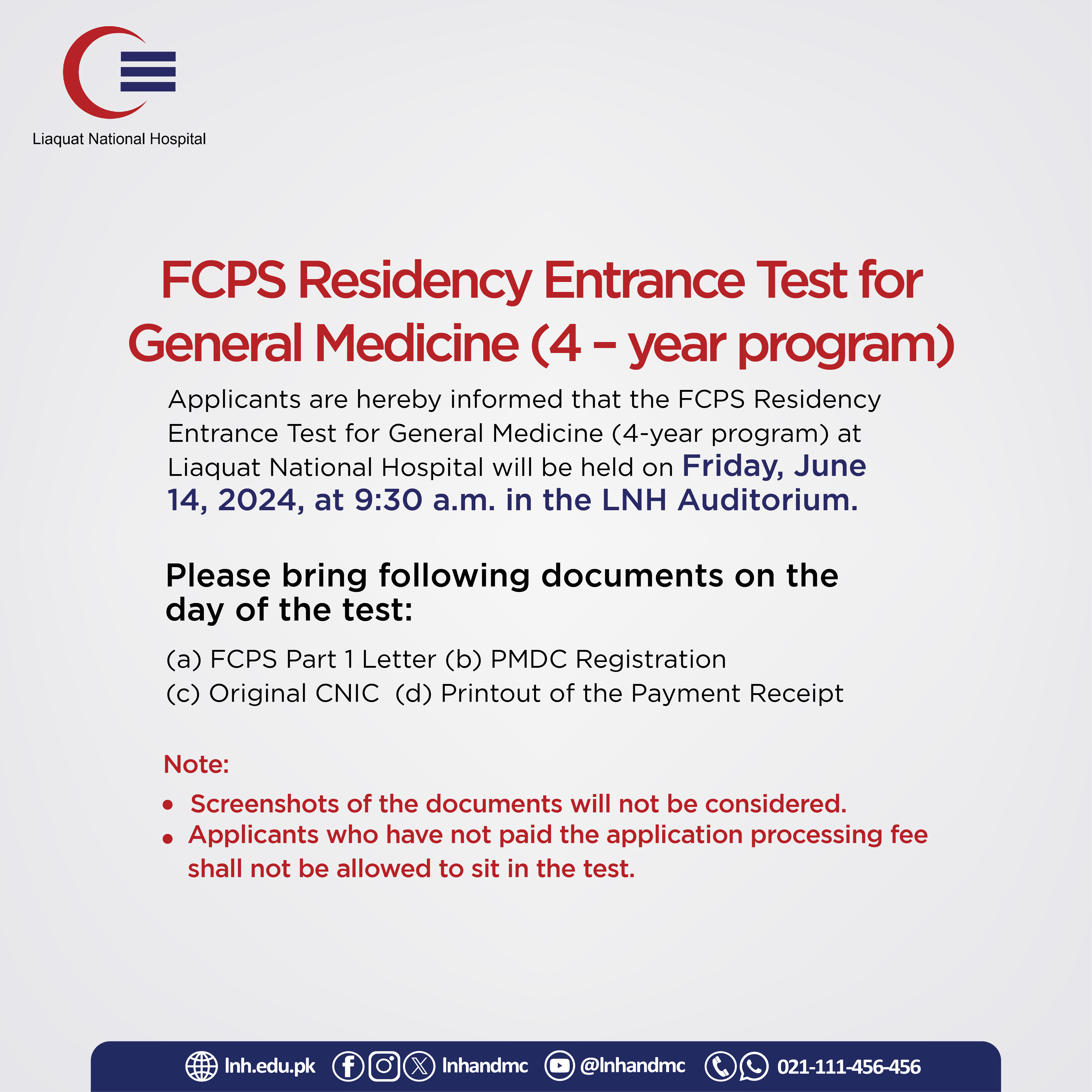 FCPS Residency Entrance Test for General Medicine (4 – year program)