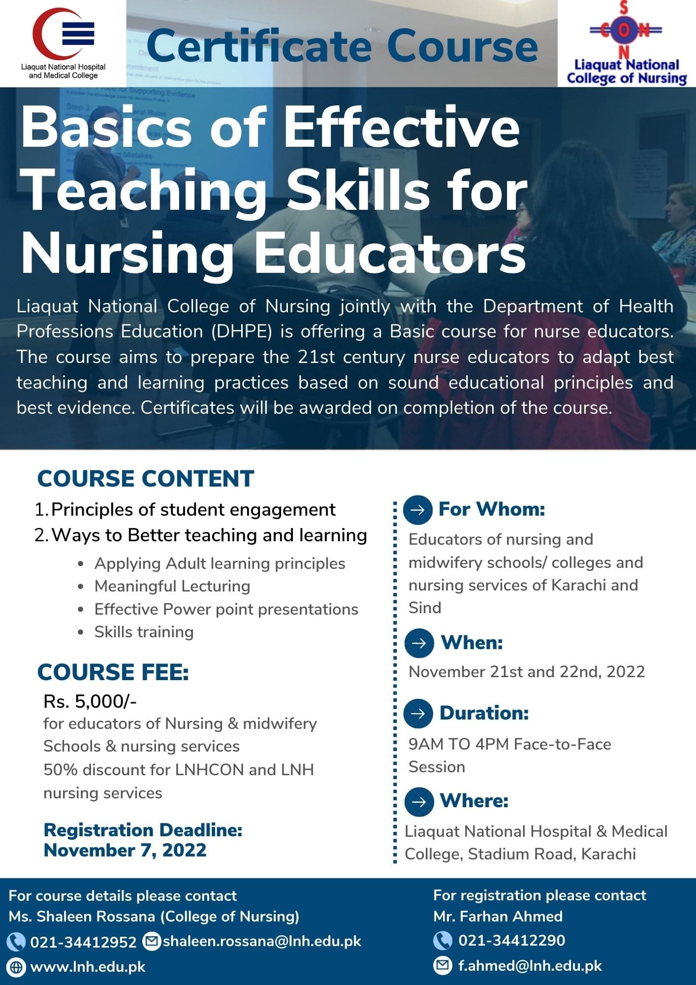 Certificate Course on Basics of Effective Teaching Skills for Nursing Educators, Nov 21 & 22, 2022