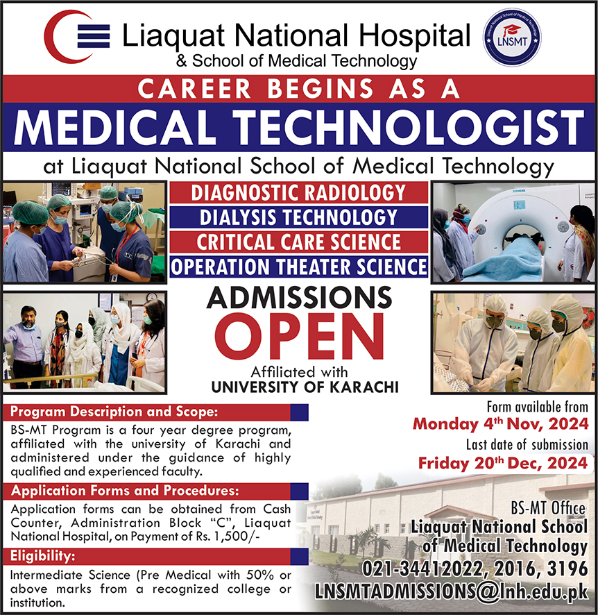 Admissions Open in BSMT at Liaquat National School of Medical Technology (LNSMT)