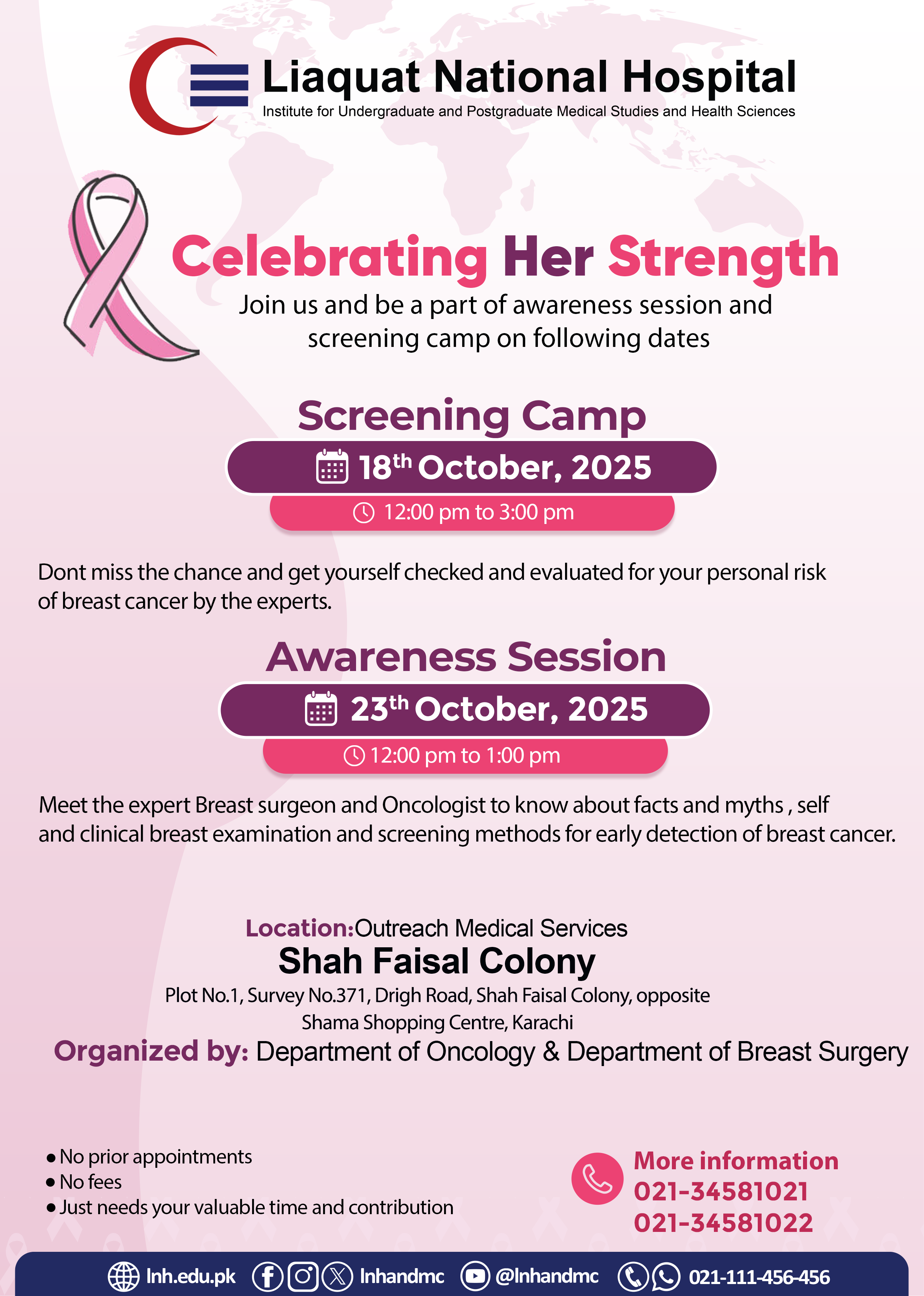 Breast Cancer Awareness Session & Screening Camp, Outreach Medical Services, Shah Faisal Colony, 18th & 23rd October, 2025